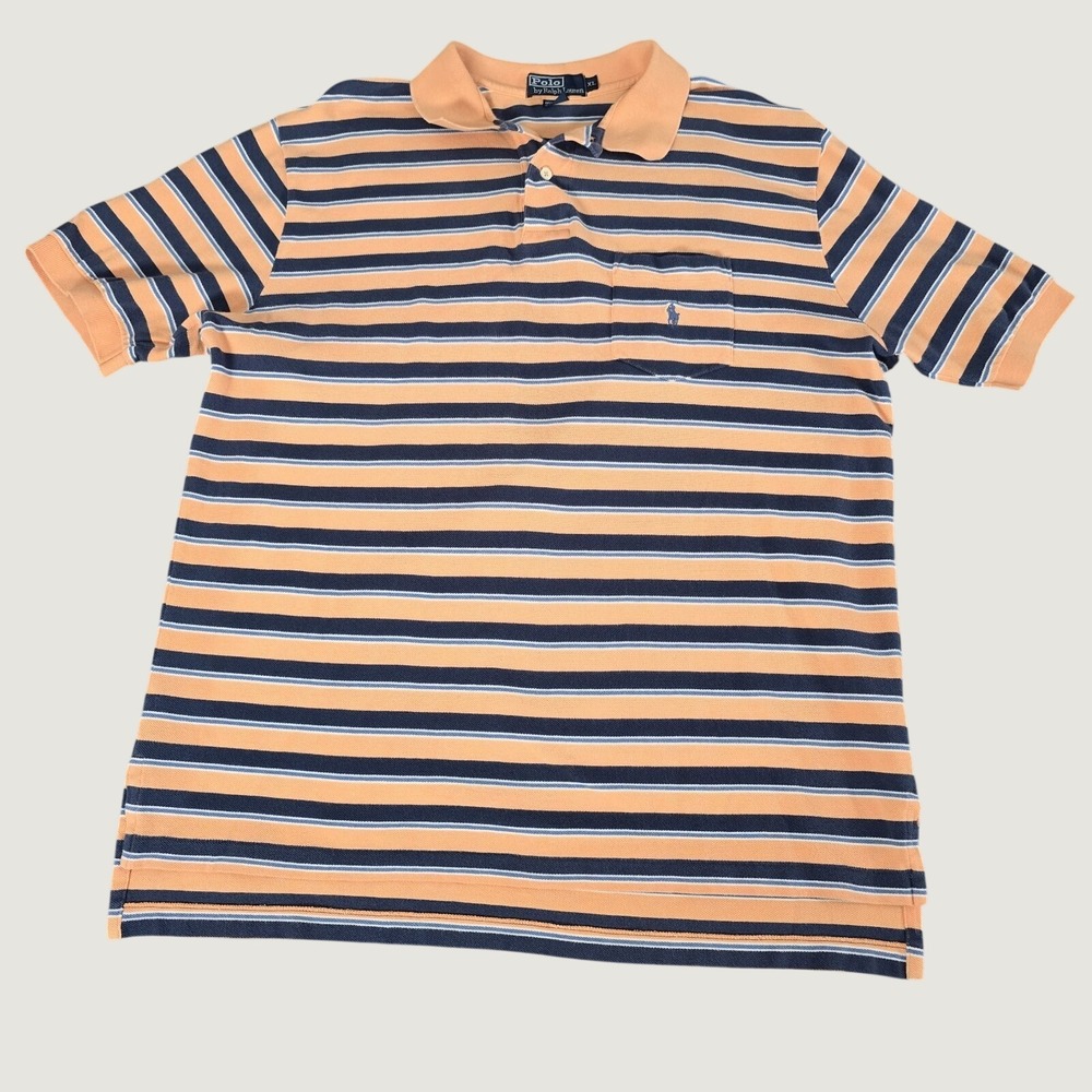 Polo Ralph Lauren Striped Polo Shirt Mens XL Orange Navy Blue Pocket Pony Logo